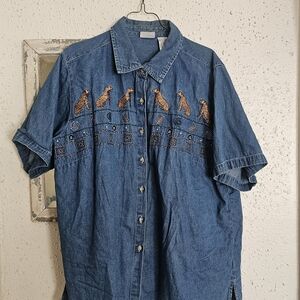 Embroidered Denim Shirt with Cheetahs, Plus Size 2xl CabinCore